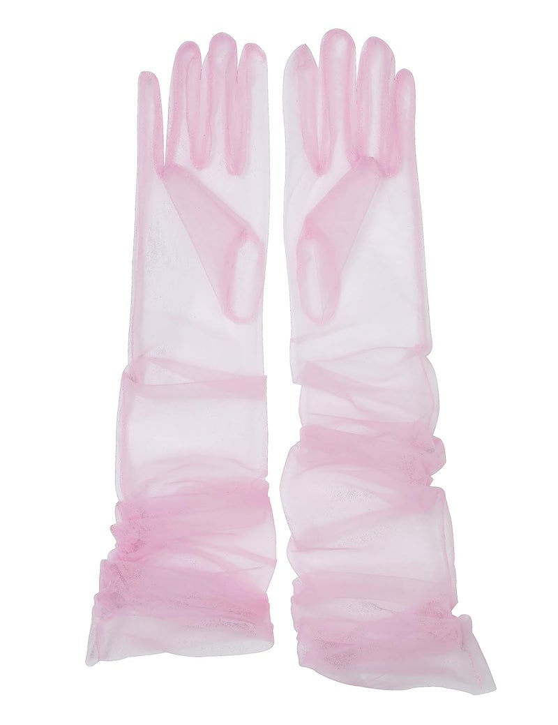QRBTSCL Women's Wedding Bridal Mesh Tulle Glove Long Opera Costume Party Gloves 27" Elbow Length Sheer Gloves Light Pink - Image 1